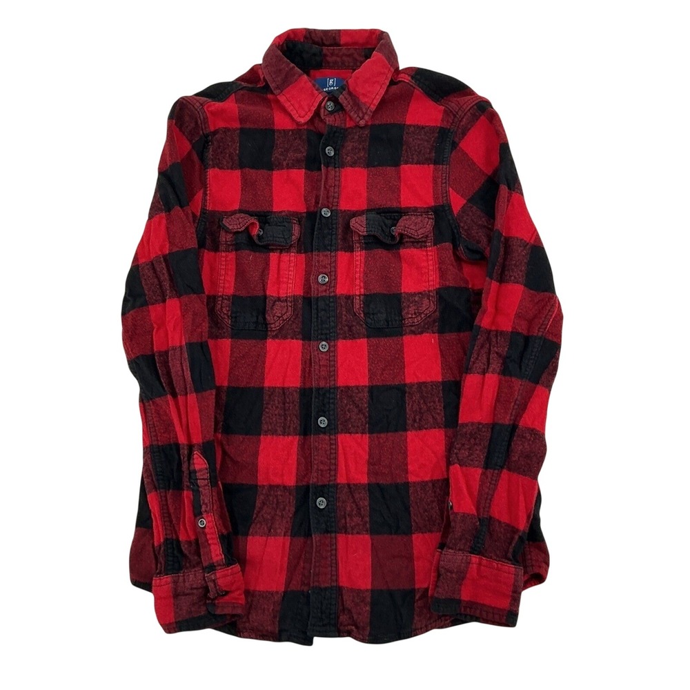 George Flannel Shirt Mens M Red Black Buffalo Check Plaid Button Up Workwear